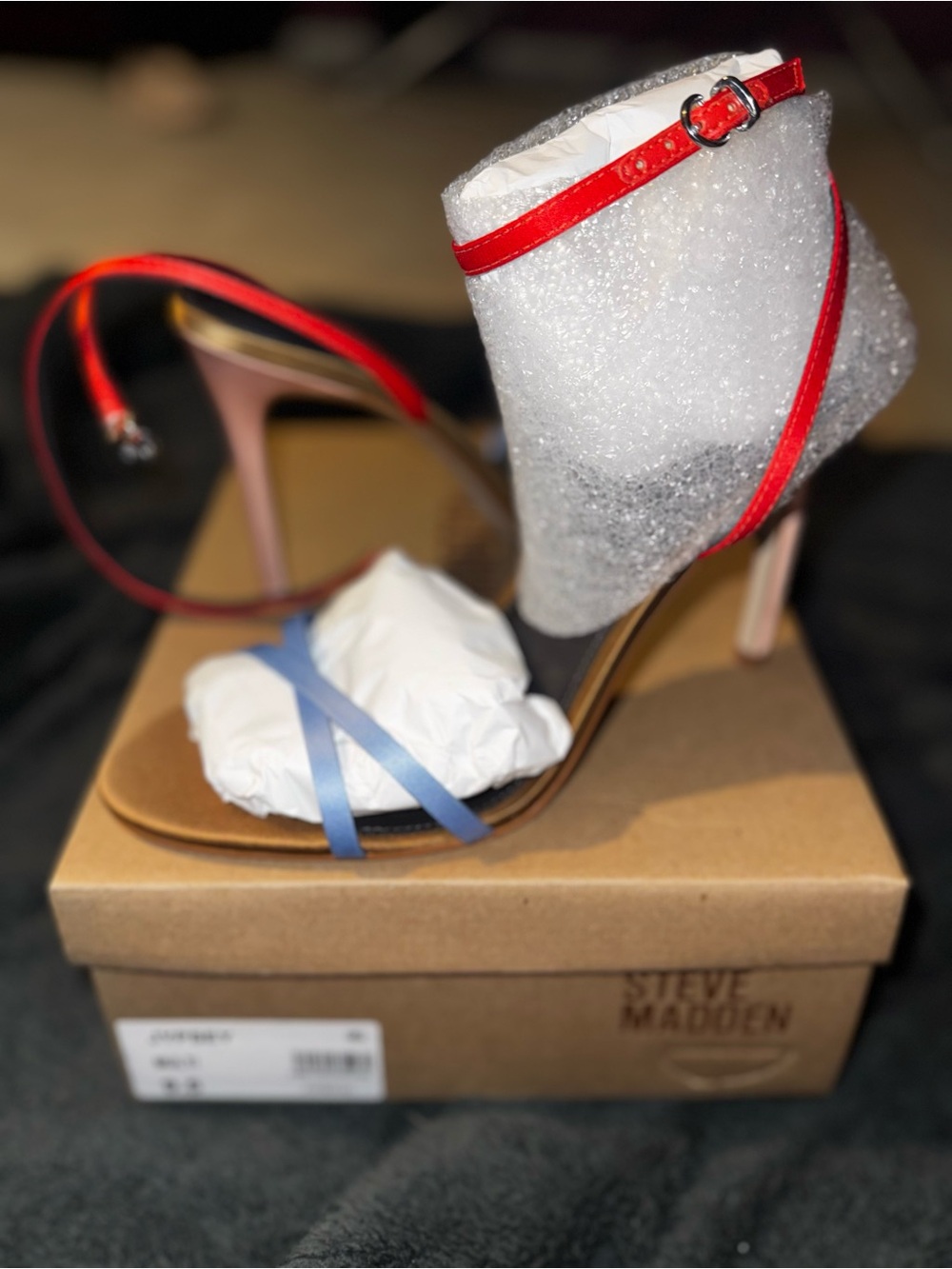 Steve Madden Two-Tone Strappy Heels in Blue, Red & Silver Glitter - Picture 4 of 4